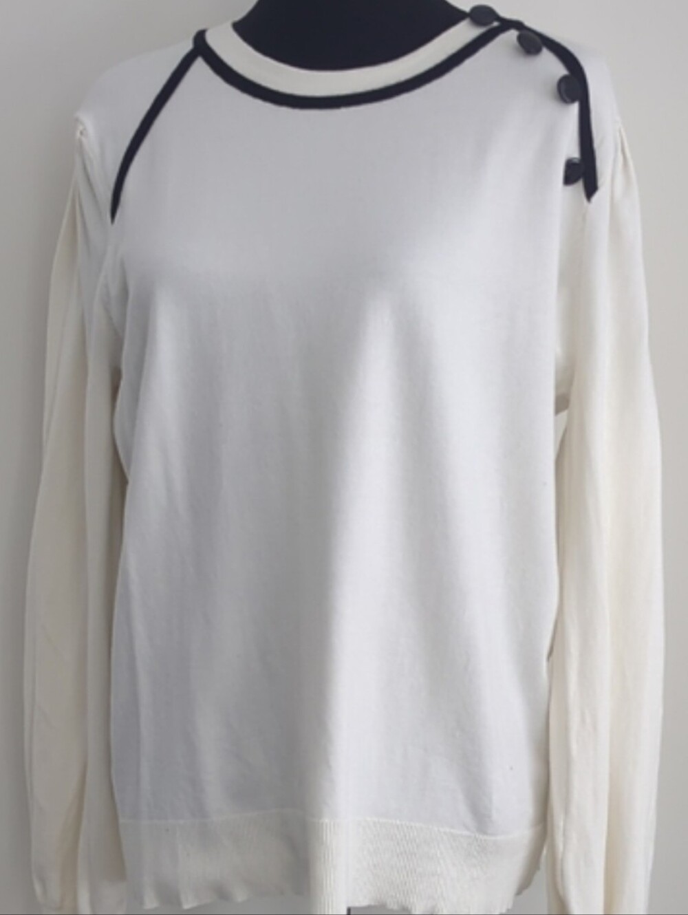 New York & Company Ivory Fine-Knit Button Shoulder Contrast Trim Sweater XL
